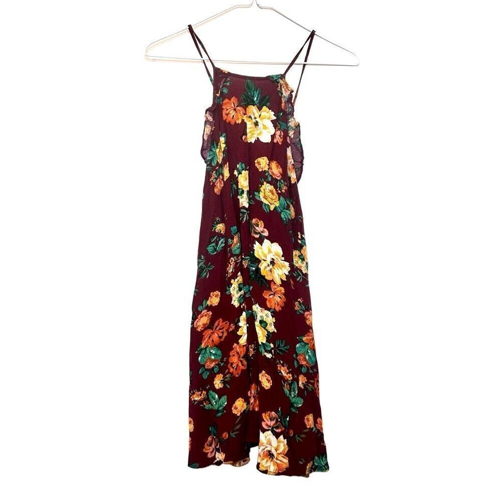 Ambiance Floral Criss-Cross Open Back Ruffle Trim Summer Dress Multicolor Small